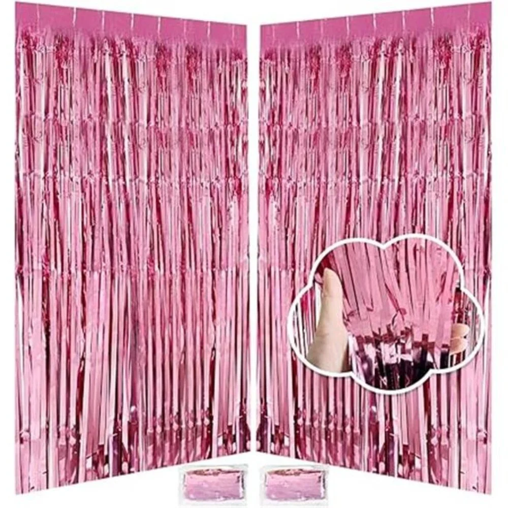 Pink Birthday Decorations for Girls 3.3x8.2ft Pink Tinsel Backdrop Foil Fringe